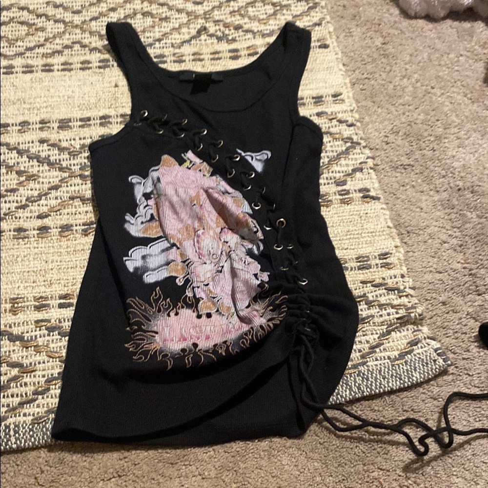 Forever 21 Black Graphic Ruched Tank Top